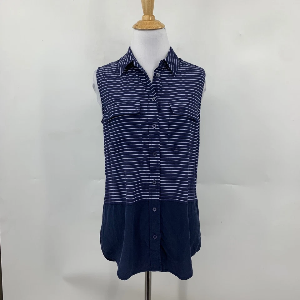 Оборудование женский топ XS очень маленький темно-синий без рукавов в полоску шелк на пуговицах - Изображение 2 из 4