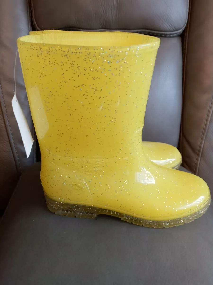 Bright Yellow Gel glitter Rubber Rain Boots Youth size 2 Brand New