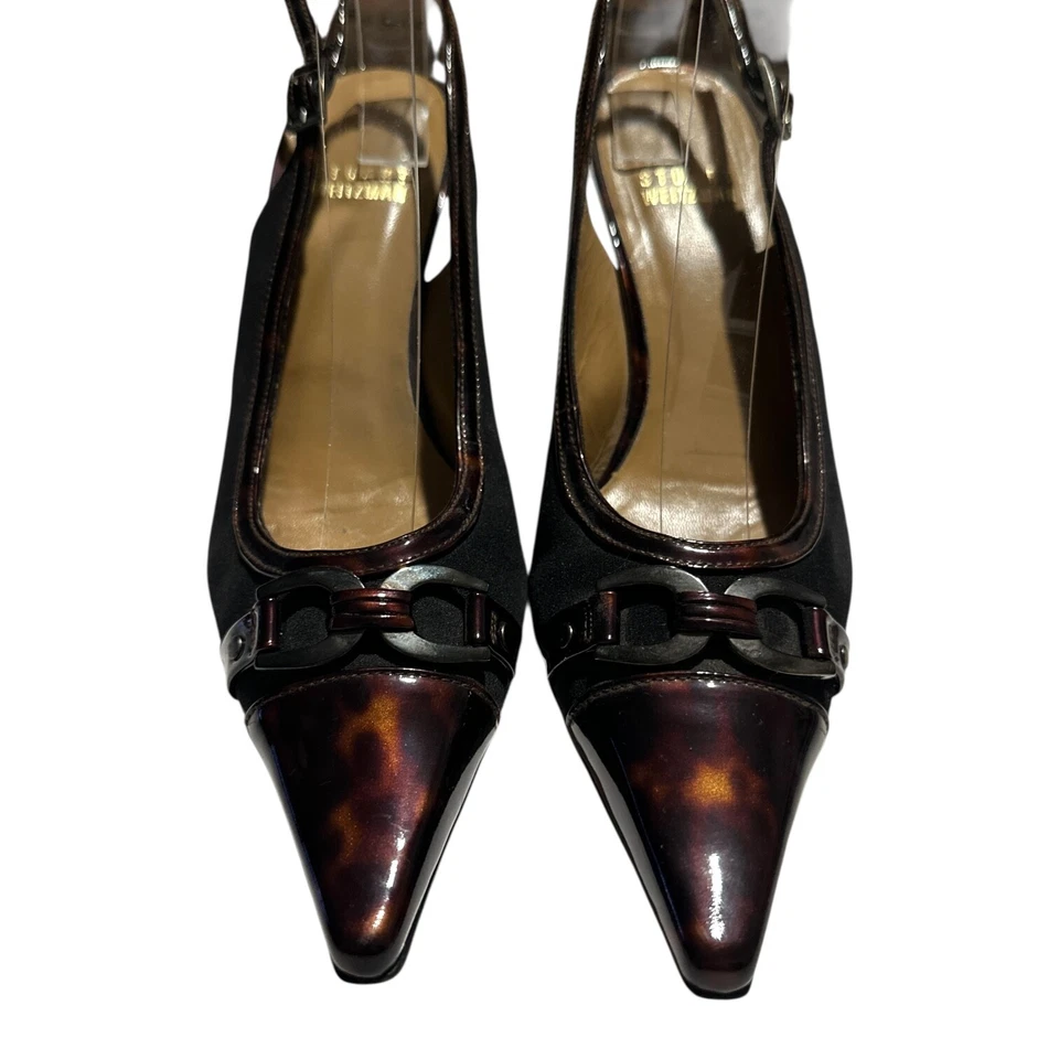 Stuart Weitzman Black Aspect Tortoise Slingback Pointed Kitten Heels Size 6 M - Image 3 of 4