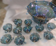 Vintage Indiana Glass Grape Harvest Punch Bowl Set Blue Iridescent Plus 11 Cups