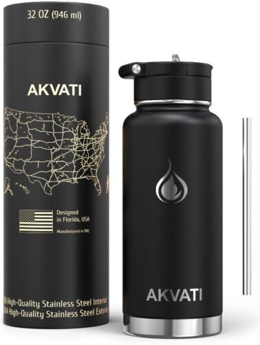 AKVATI 32oz Vacuum Insulated Water Bottle with Straw Lid Leak Proof, BPA-Free