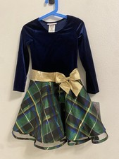 NWT Bonnie Jean Girls 5 Velvet Plaid Holiday Blue Green Gold Bow Christmas Dress