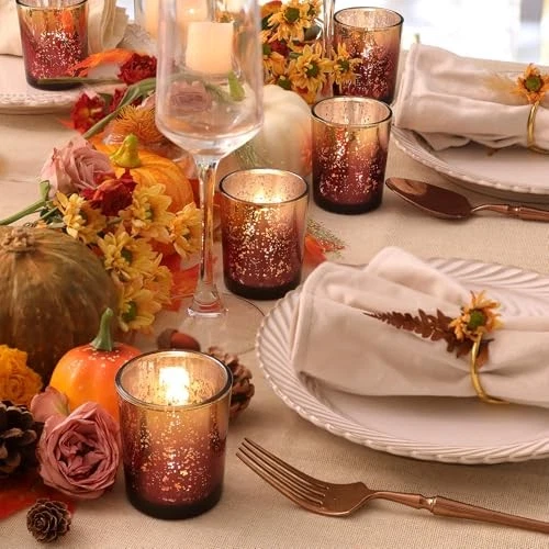  Juego de 12 Candelabros Votivos Borgoña, Motas Vidrio Mercurio Borgoña + Oro Foto 3 de 4