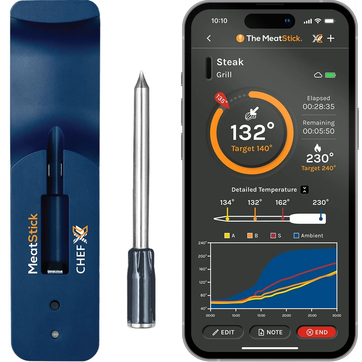 ChefX Wireless MeatStick - Smart 4 Sensor Bluetooth Meat Thermometer for Gril...
