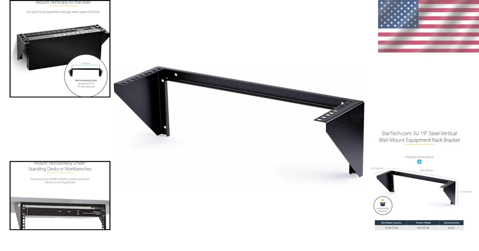 3U Vertical Wall Mount Rack Bracket, Black - Image 2 of 4