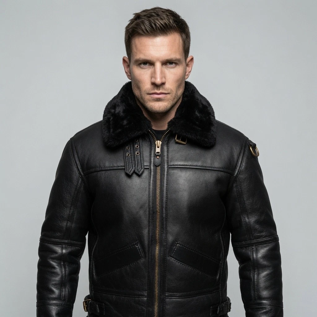 Mens B3 Black Bomber Real Shearling Sheepskin Aviator Flight Leather Jacket USA image 5