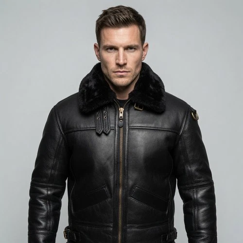 Mens B3 Black Bomber Real Shearling Sheepskin Aviator Flight Leather Jacket USA image 5