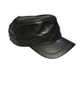 Black Leather Castro Hat Adjustable Biker Cap