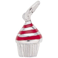 Cupcake - Red Enamel Icing Charm - Metal - Sterling Silver