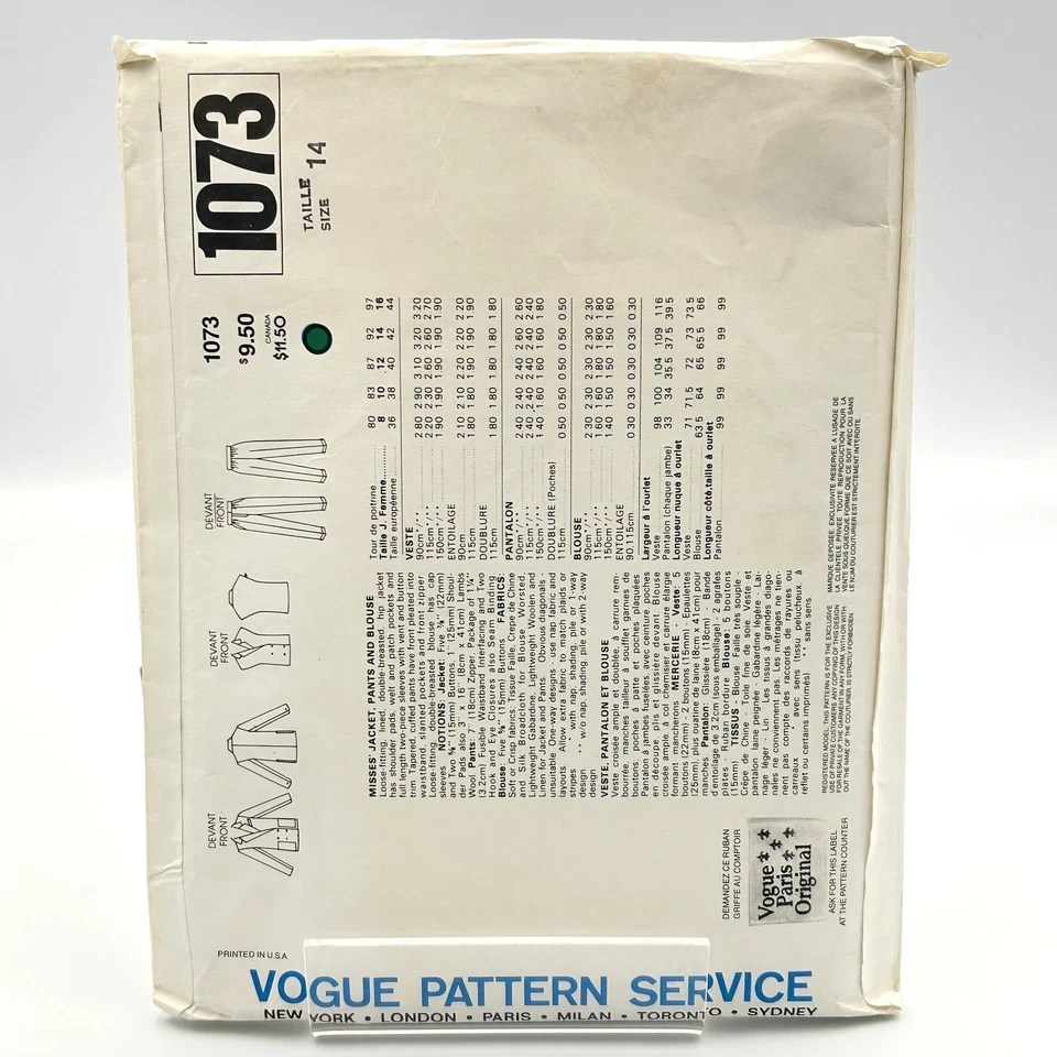 Vogue Paris Original Christian Dior Pattern 1073 Trouser Suit & Top UC FF Sz 14 - Image 2 of 4