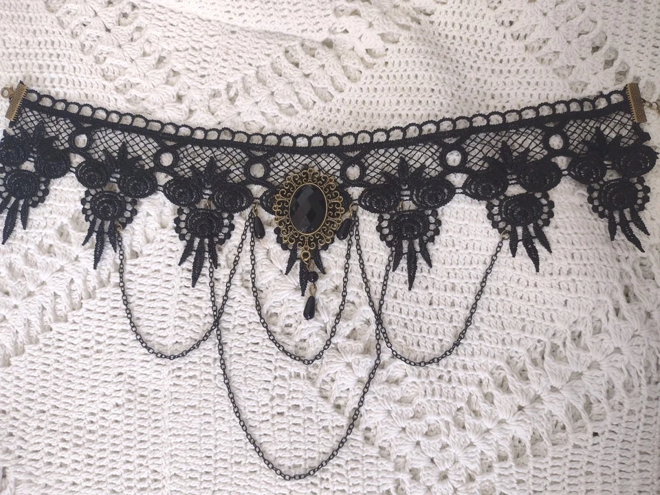 Gargantilla gótica victoriana de encaje negro collar con cadenas y cuentas ajustables  Foto 2 de 4