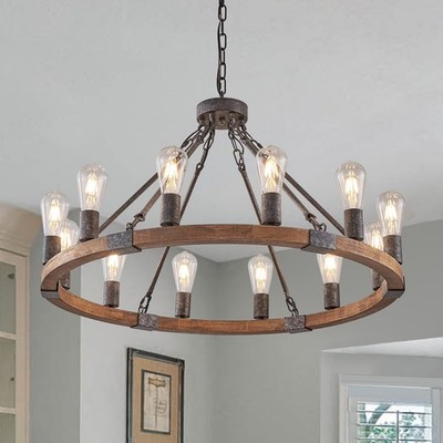 Farmhouse Wagon Wheel Chandelier 12 Light 31.5 Black Rustic Benkut Fixtures Wood