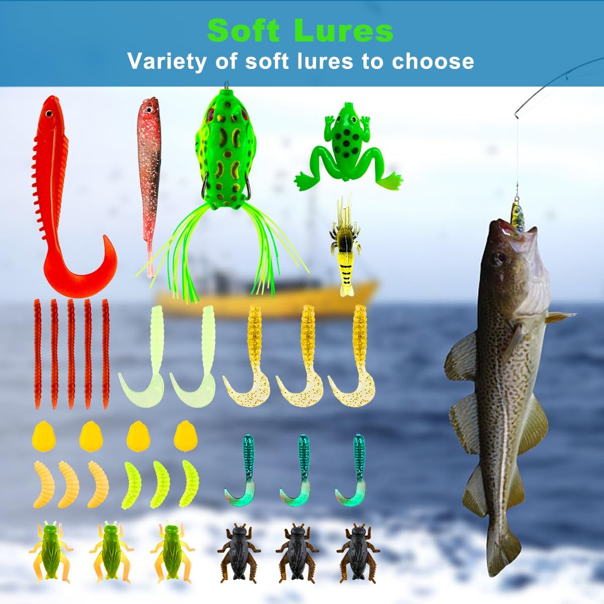 Fishing Lures Kit: Bass Trout Salmon Tackle Box with Spoons, Worms, Jigs, Hooks - Image 5