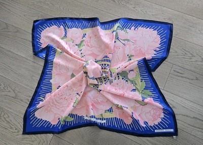 HERMES Les Pivoines 100% Silk Scarf Multicolor Blue Pink 35