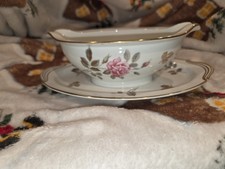 Noritake Gravy Serving Boat Dish Attached Underplate 5475 Rose Gold Rim