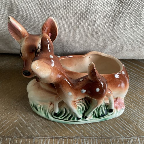 Vintage Doe & Fawn Ceramic Planter Deer Trinket Dish 4.5” x 6" 1960'S