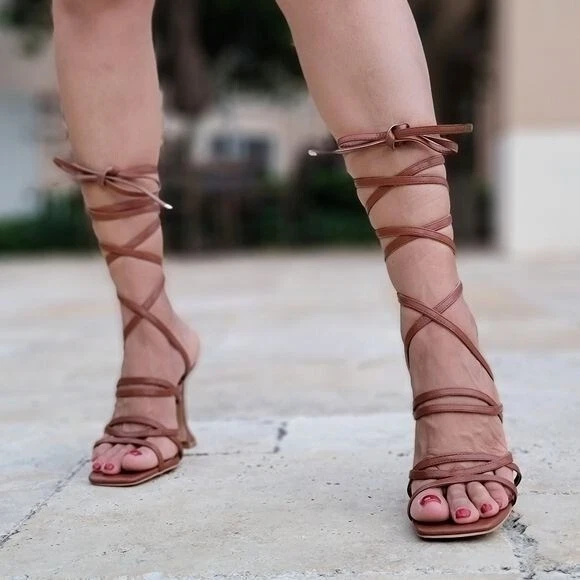 Women's Brown Strappy Pyramid Heel Gladiator Sandals - Image 4 of 4