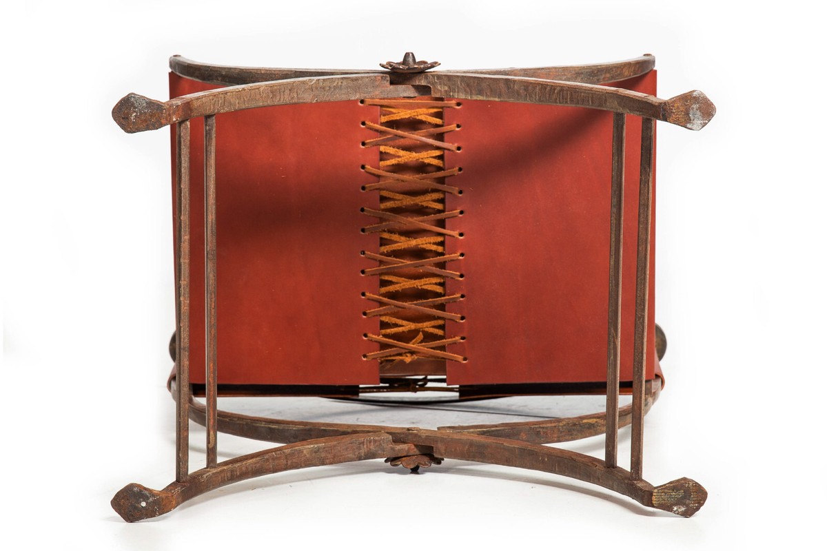 Antique Wrought-Iron and Leather Savonarola Chair, early Antique Wrought-Iron and Leather Savonarola Chair, early