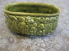 OVAL POTTERY PLANTER  ~ FRUIT DESIGN ~ OLIVE GREEN GLAZE ~ UN-BRANDED ~ EUC