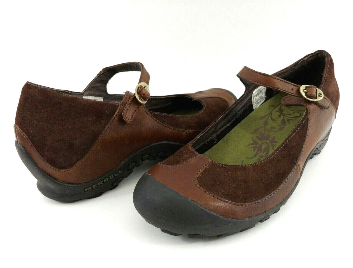 Merrell Plaza MJ Saddle Women s 10 Brown Leather Suede Mary Janes Shoes