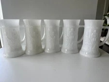 Federal White Milk Glass Beer Stein Mugs With Bar Pub Scene, 6"  Set Of 5