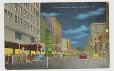 Fifth Avenue,  San Diego, CA,  Linen Postcard
