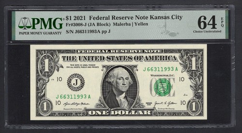 United States-Fed. Res. 1 Dollar 2021 Fr#3008-J (JA Block) UNC Grade 64 - Picture 1 of 2