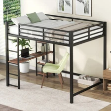 Full Size Loft Bed with Desk and Shelves Heavy Duty Metal Loft Bed Frames Black
