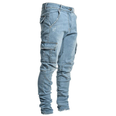 Mens Skinny Cargo Jeans Motorcycle Jeans Slim Denim Pant made