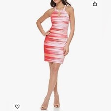 Guess Women's Sheath With Key Hole Midi Dress Size 4 Pink Beige Sexy Open Back