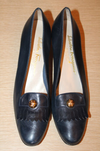 SALVATORE FERRAGAMO Boutique Size 8 Narrow Blue Vintage Penny Loafer Heels - Picture 1 of 17