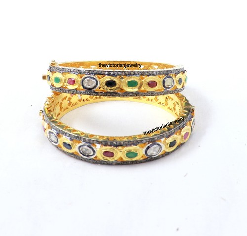 925 Sterling Silver Polki Ruby Emerald Sapphire Pave Diamond Bangle Jewelry Gift - Picture 5 of 14