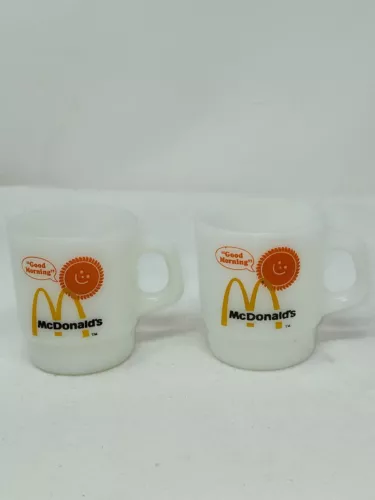 LOT OF 2 VTG ANCHOR HOCKING FIRE KING MCDONALDS SUN MILK GLASS COFFEE CUPS MUGS