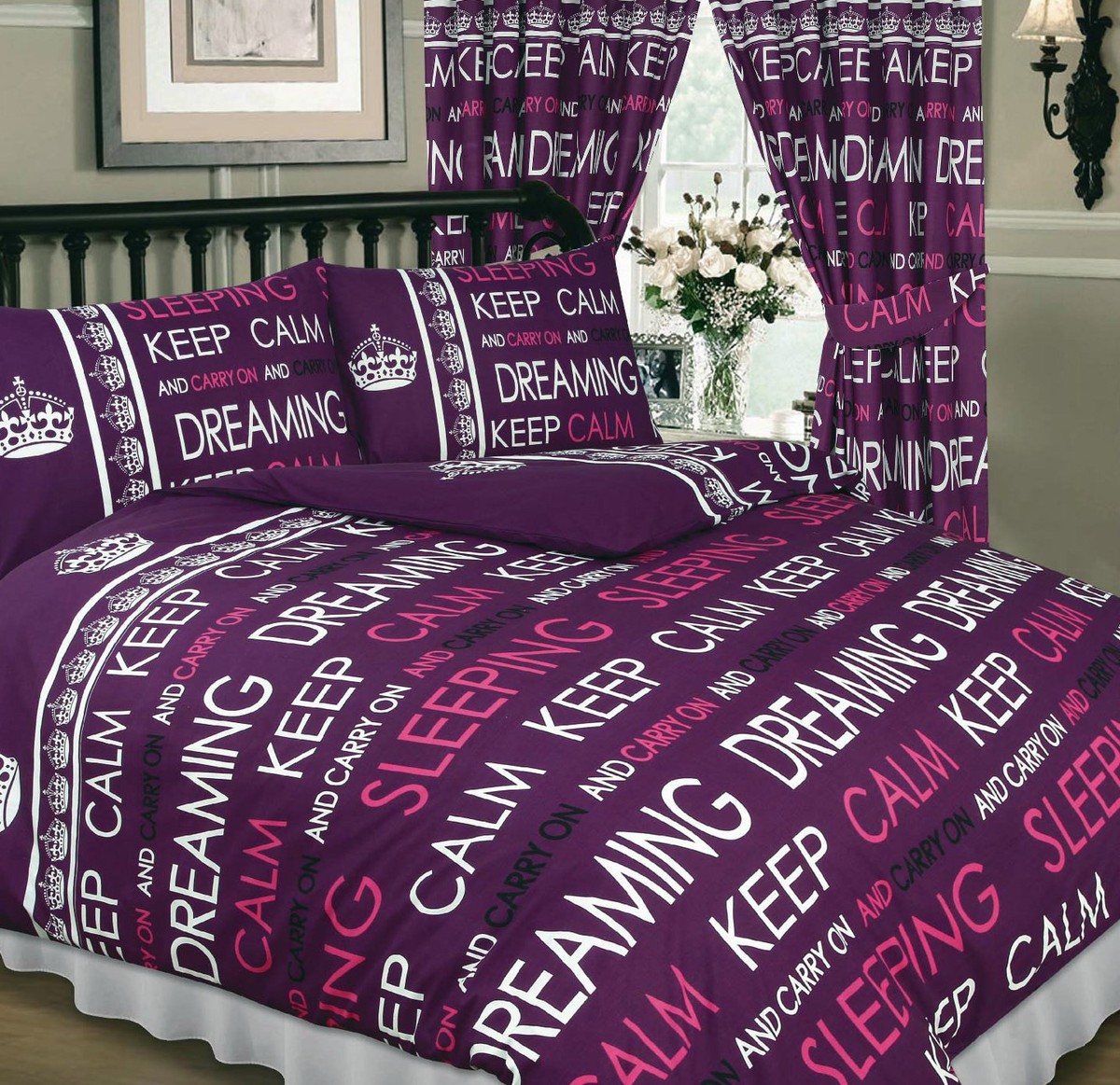 KEEP CALM AND CARRY ON DREAMING PFLAUME LILA BEERE DOPPELBETT