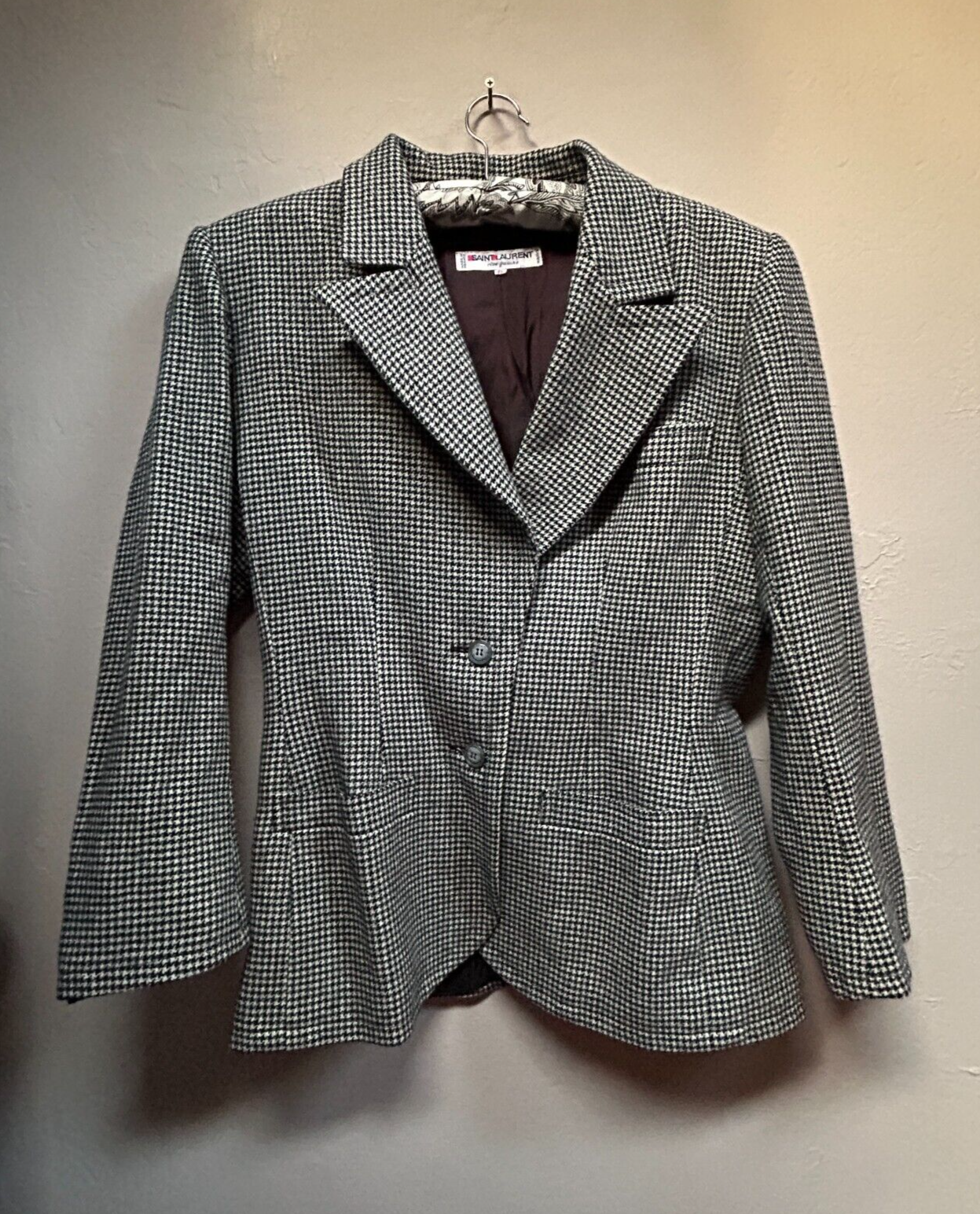 Giacca blazer donna Saint Laurent Rive Gauche pied de poule con bottoni taglia 42 nero