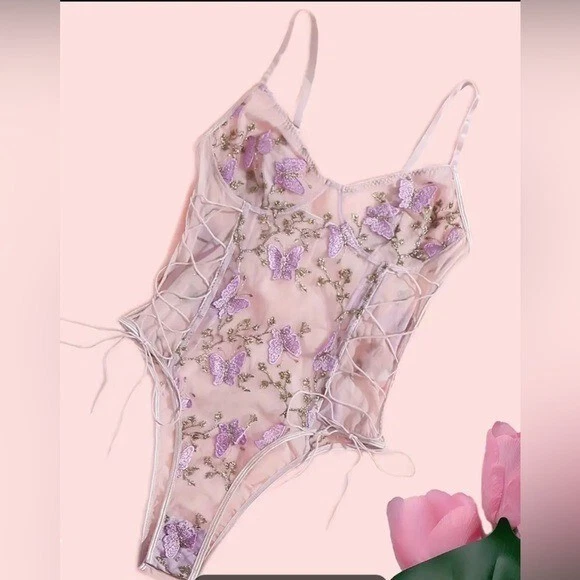 NWT Women's purple Strap Butterfly Mesh Stretch Lace Lingerie Bodysuit Size M - Image 3 of 4