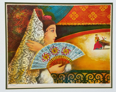 SOLE LITHOGRAPH WOMAN WITH FAN OBSERVING A BULLFIGHT HAND SIGNED LIMITED EDITION