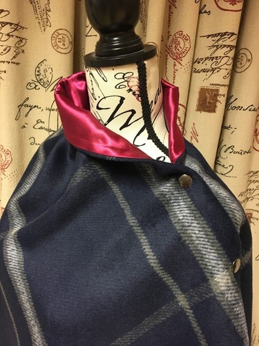 436. Handmade Blue check tweed with pink Cape Poncho - Picture 3 of 5