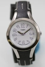 Timex Watch Unisex Silver Stainless St WR Black Leather Light Batt White Quartz