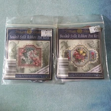 Set of 2 Beaded Sylk Ribbon Pin Kit by Mill Hill - Terra-Teal Garden/Victorian