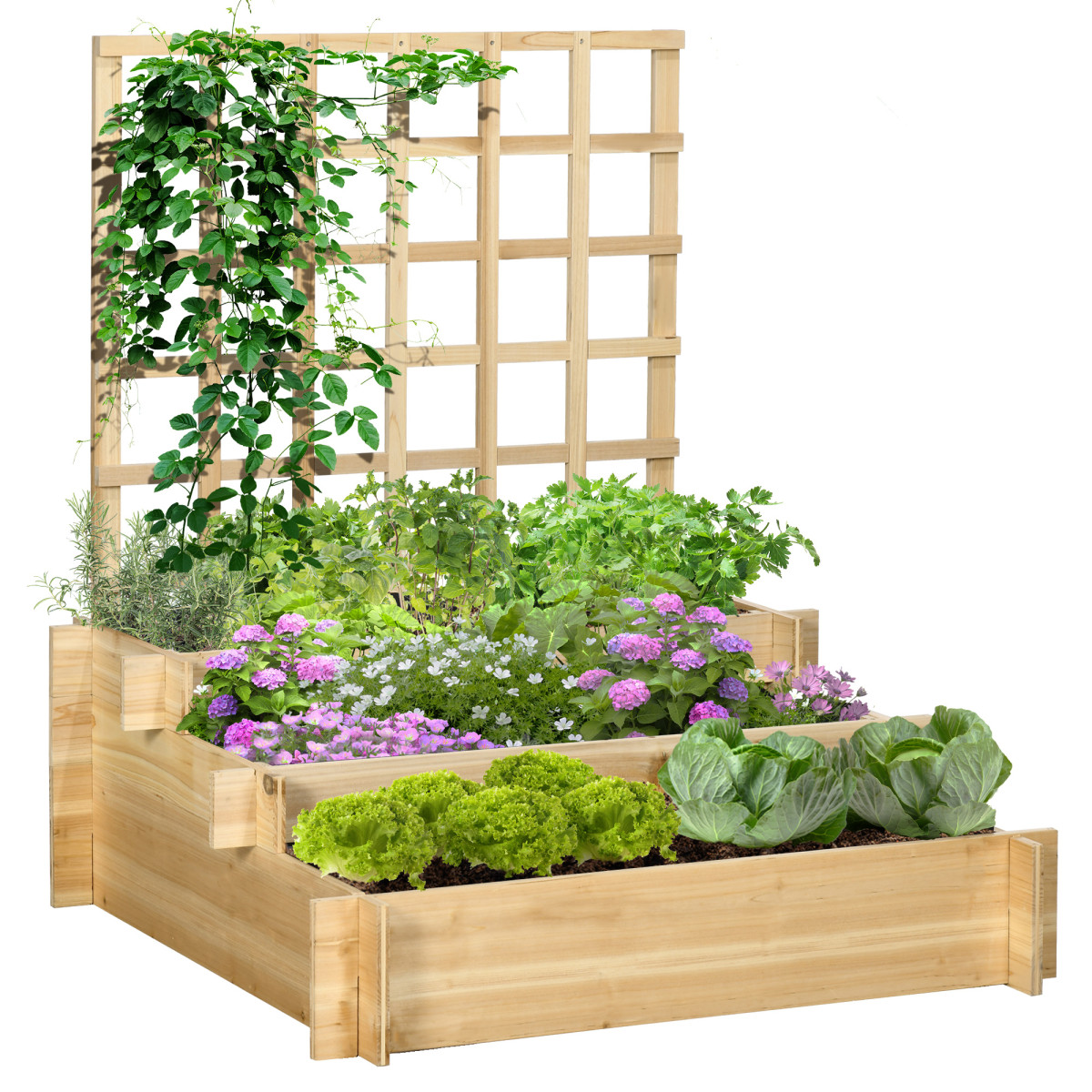Rackhams 3 Tier Garden Planters With Trellis For Vine Climbing, Wooden Raised Beds, 95X95x110cm, Natural Tone - Natural Wood - Image 2