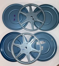 2 Vintage 8mm Empty Metal Film 5" Reel & Case Blue Movie Projector