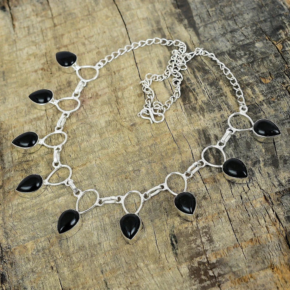 Naturale Onice Nera Gemma 925 Argento Sterling Mano Gioielli Collana Regali - Immagine 3 di 4