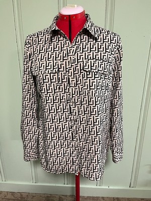 Notations Beige Black V Neck Button Blouse Long Roll Tab Sleeve Pockets Size M
