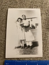 WWII Photo Muscular US Navy Sailor In Work Clothes Flowers Pretty Woman Pose