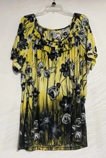 Vtg Gitano Womens 22/24 80s Yellow Floral Stretch Blouse Shirt Nature Botanical