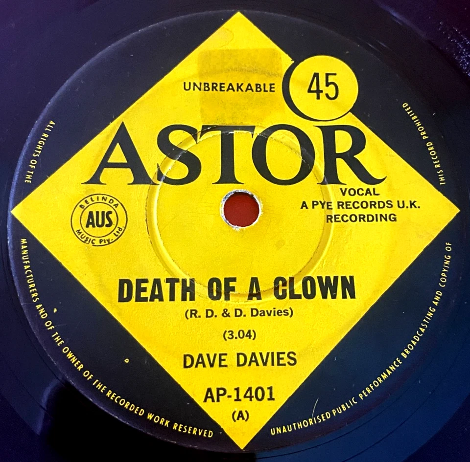 Dave Davies Death Of A Clown 7" AUS ORIG 1967 Astor AP-1401 The Kinks VINYL - Image 2 of 4