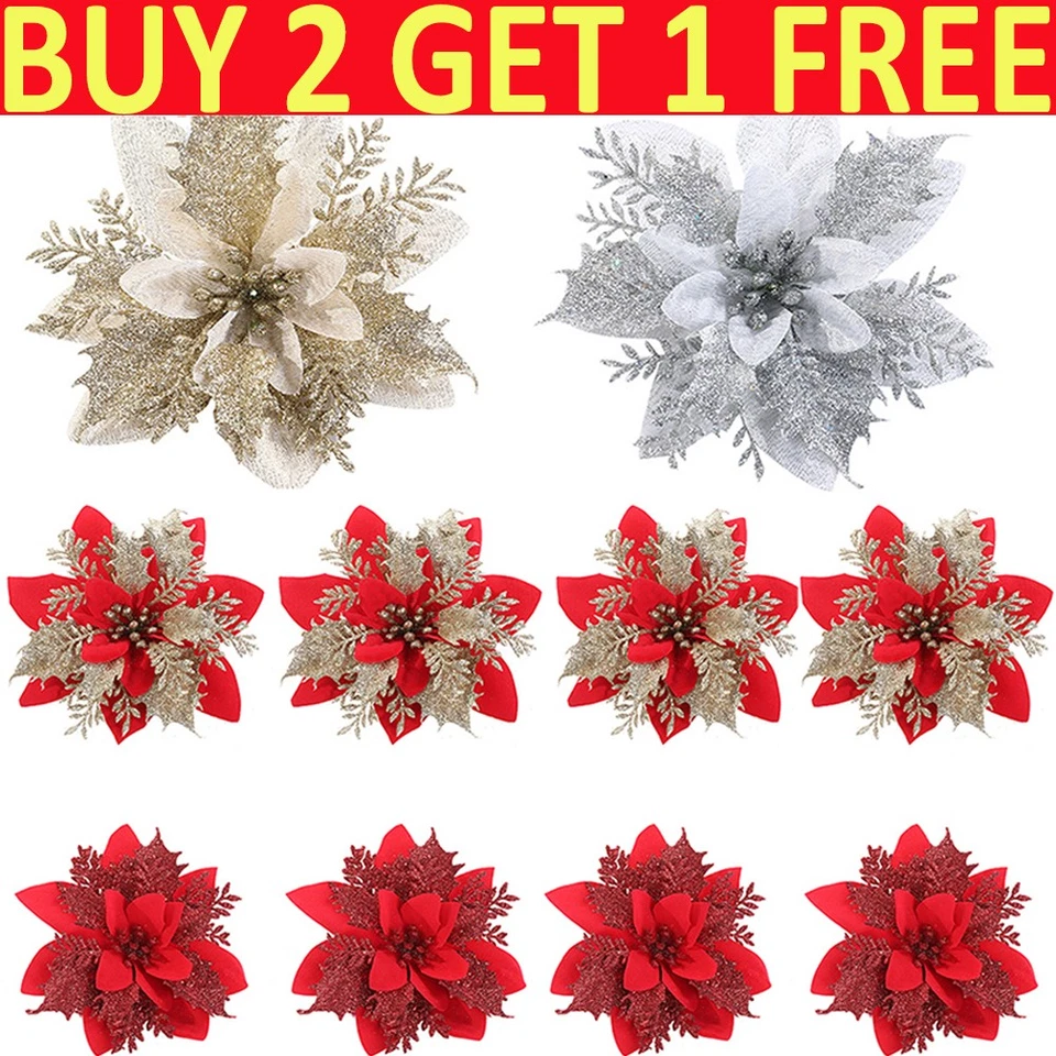 TOP5A-UK 10PCS Christmas Large Poinsettia Glitter Flower Tree Hanging Party Xmas Decor UK