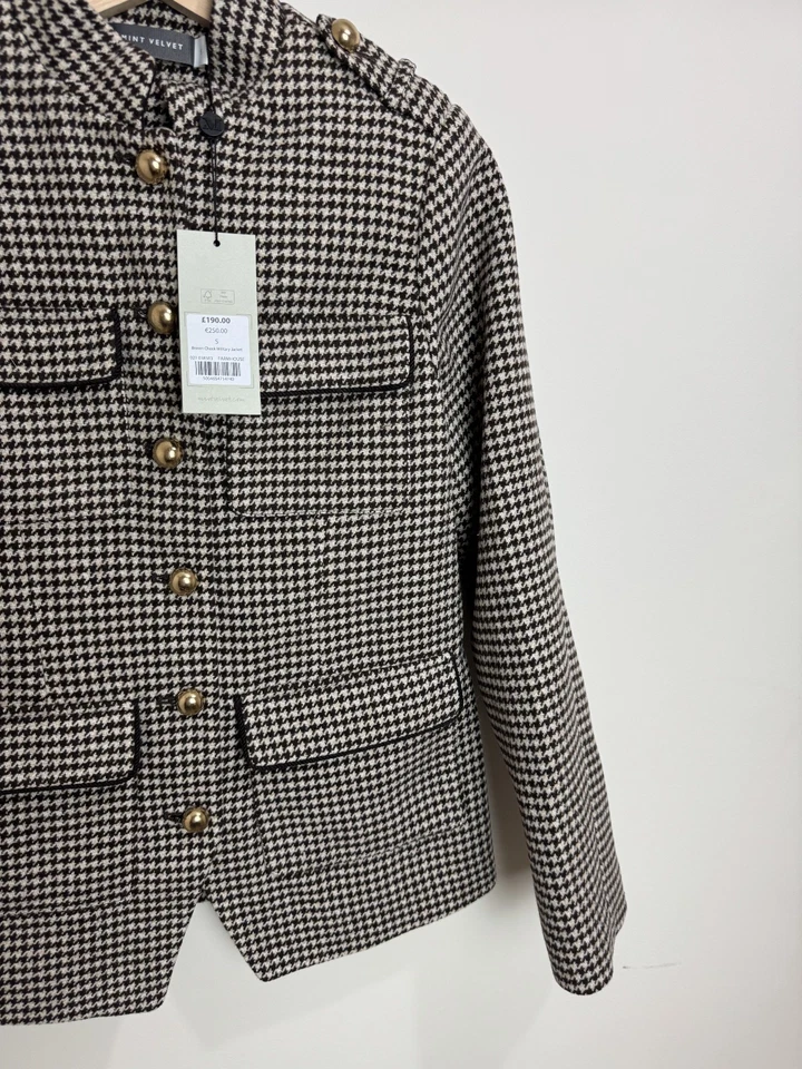 Mint Velvet Military Coat Jacket Size S Brown Beige Houndstooth Check RRP £190 - Image 4 of 4