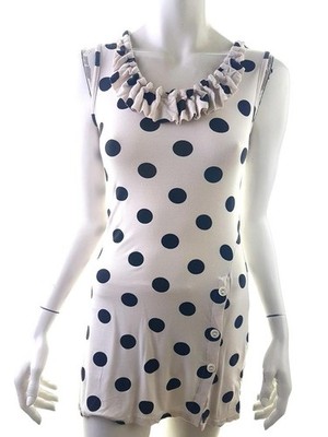 SISTERS POINT Damen Tunika Bluse Gr. M Creme Viskose Ärmellos Rüsche Punkte